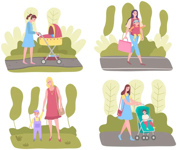 Vrouwelijk karakter in jurk loopt door het park met een kinderwagen. Moeder zorgt voor haar kind — Stockvector