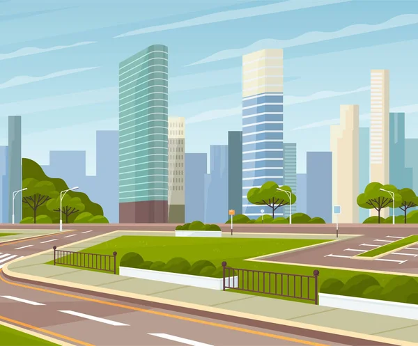 Paisaje con naturaleza y edificios modernos. Paisaje urbano del centro de la ciudad. Carreteras con marcado en la ciudad — Vector de stock