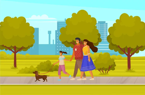 Familia feliz caminando junto con un perro pequeño a lo largo del día soleado camino, la gente camina con mascotas en el parque de la ciudad — Vector de stock