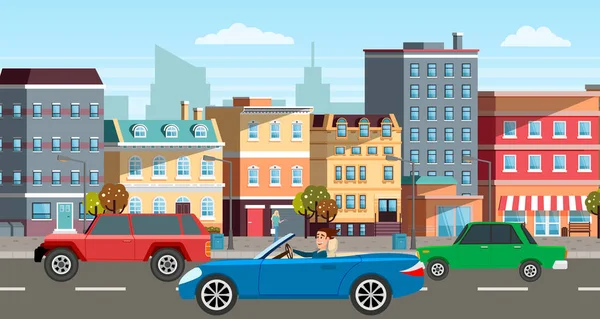 Parking moderne le long de la rue de la ville dans le style dessin animé. Véhicules voiture sur la rue de la ville — Image vectorielle