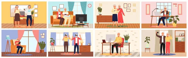 Старики играют в видеоигры. Пожилые люди с разными приспособлениями. Обучение старости на компьютере — стоковый вектор