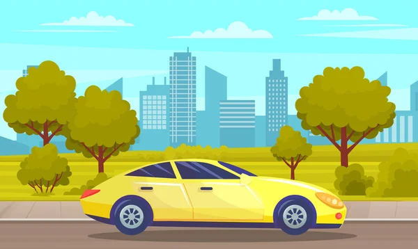 Conducir coche amarillo en carretera contra edificios altos y callejón con árboles verdes, transporte de automóviles — Vector de stock
