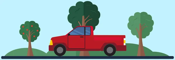 Plocka upp körning på landsvägen. Landskap med gröna träd och bil. Körning i skog — Stock vektor