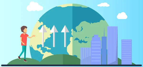 Chico hablando sobre el impacto del cambio climático en el aumento de los niveles de agua. Visualización de la influencia humana — Vector de stock