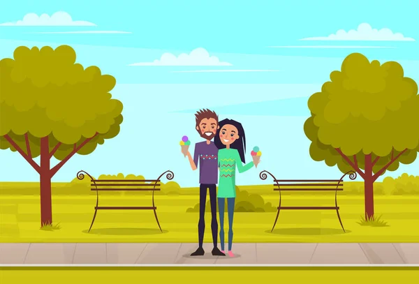 Szczęśliwi ludzie jedzą lody na randce w parku miejskim. Mężczyzna i kobieta uśmiechają się i spacerują razem na świeżym powietrzu — Wektor stockowy