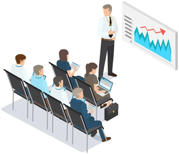 Analise indicadores estatísticos, dados de negócios. Trabalhar com pesquisa de marketing. Análise dos dados isométricos — Vetor de Stock