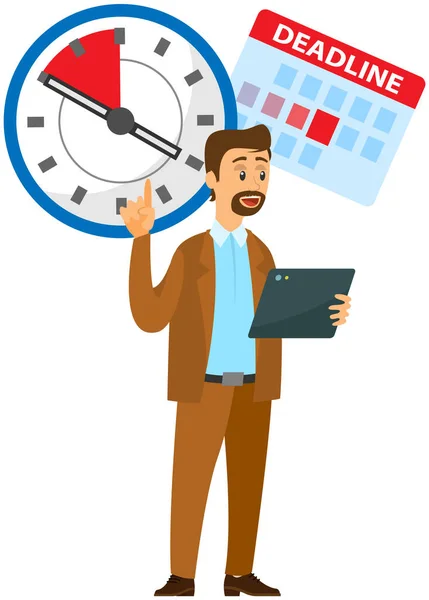 Manager keeps track of schedules at work to deal with deadline and points at clock with time — Stock Vector