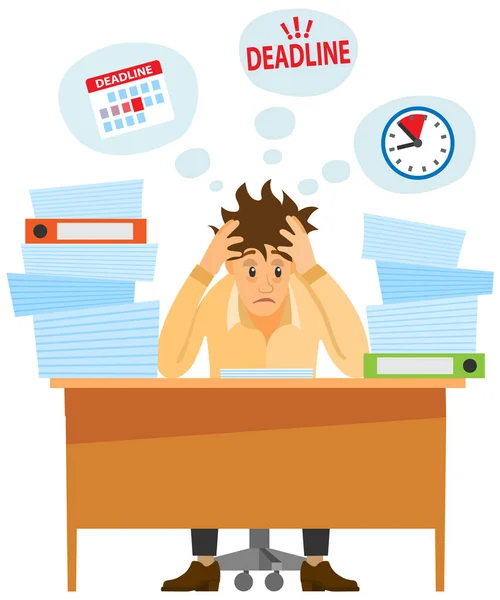 Busy businessman stressed due to paperwork and deadline. Tired man with documents at workplace — Stock Vector