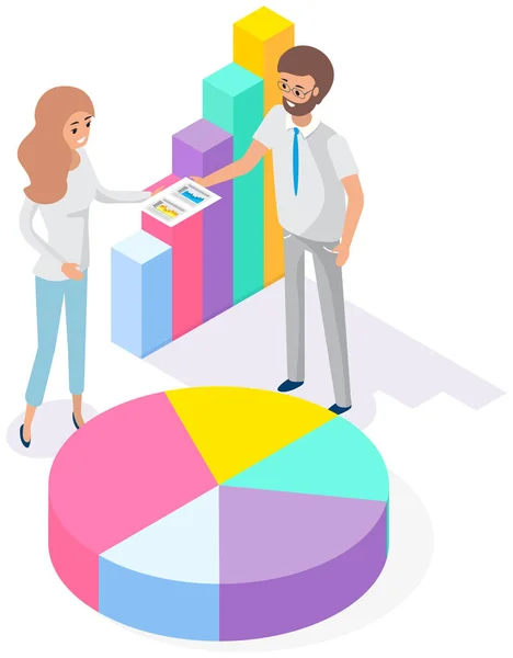 Los empleados analizan indicadores estadísticos, datos empresariales. Los personajes trabajan con la investigación de marketing — Vector de stock