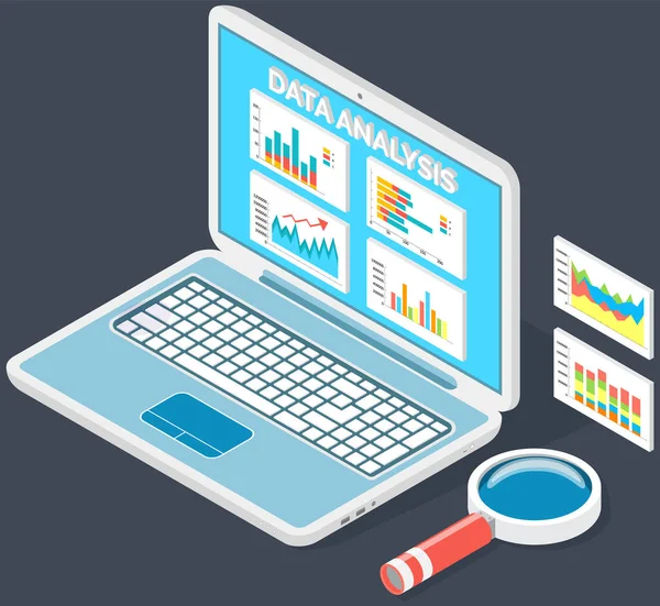 Analizar indicadores estadísticos, datos empresariales. Trabajar con la investigación de marketing. Análisis de datos isométricos — Archivo Imágenes Vectoriales