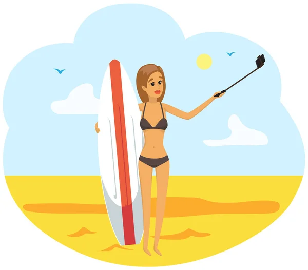 La mujer con tabla de surf está haciendo selfie. Chica surfeando y posando para autorretrato en las vacaciones de verano — Vector de stock