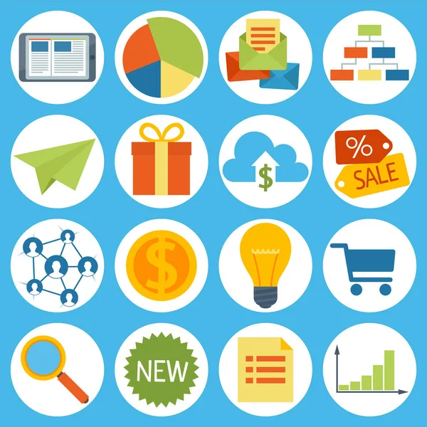 Set von Shopping-Ikonen und Business-Ikonen. Verkauf, Suche, Statistik und Dynamik von Online-Shops — Stockvektor