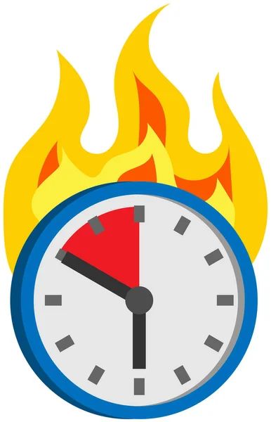 El reloj en llamas muestra el tiempo restante. Falta de tiempo y plazo en el trabajo. Reloj con flechas en el fuego — Vector de stock