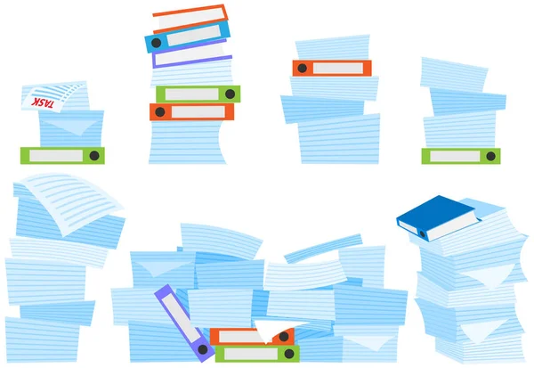 Papeleo, trabajo con pilas de documentos y datos para llegar a tiempo. Hojas de papel dispersas en el desorden — Vector de stock