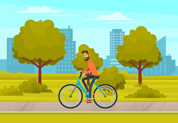 Landschaft des städtischen Stadtparks mit männlichem Charakter, der Fahrrad fährt. Sportler mit Transport auf der Straße — Stockvektor