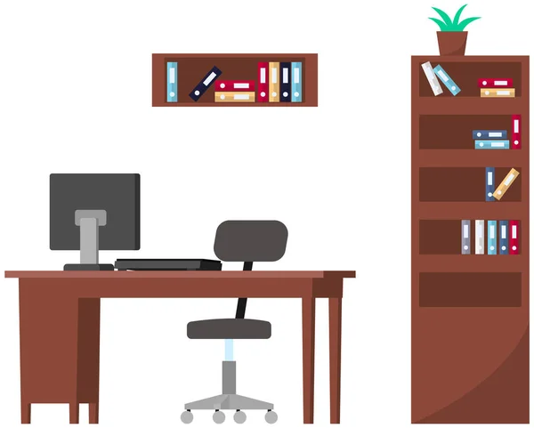 Design de interiores e colocação de móveis no local de trabalho. Mesa e mobiliário para trabalho no escritório —  Vetores de Stock