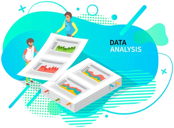 Mitarbeiter analysieren statistische Indikatoren, Geschäftsdaten. Charaktere arbeiten mit Marketingforschung — Stockvektor