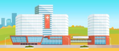 Şehir dışında ambulansla klinikte. Şehir tıp kliniği, doğa manzarasında hastane binası.