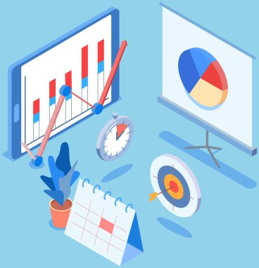 İstatistiksel göstergeleri, iş verilerini analiz et. Pazarlama araştırmalarında çalış. Veri analizi izometrik