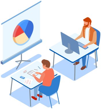 Çalışanlar istatistiksel göstergeleri, iş verilerini analiz ederler. Karakterler pazarlama araştırmalarıyla çalışır
