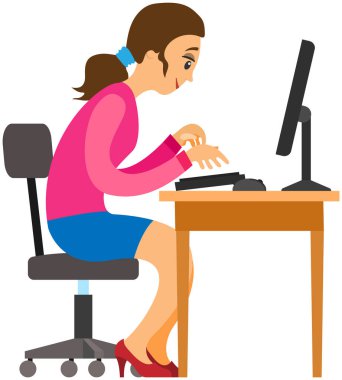 İş kadını, son teslim tarihinden önce görevi tamamlamak için ofisteki bilgisayarda çalışıyor. Görevler tamamlanıyor