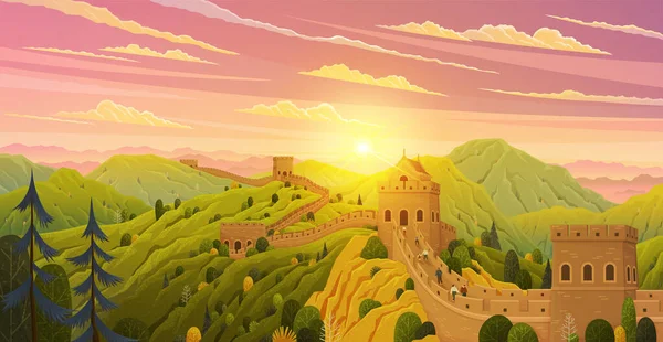 Wielki Mur Chiński wektor ilustracji. Chiński słynny punkt orientacyjny z wieżami strażniczymi. Wielki mur pod słońcem podczas zachodu słońca — Wektor stockowy