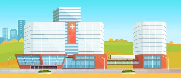 Clínica con ambulancia fuera de la ciudad. Clínica médica urbana, edificio hospitalario en paisaje natural — Vector de stock
