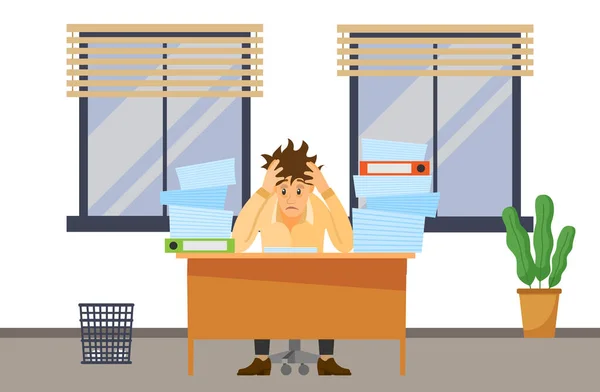 Stresszes túlhajszolt ember a hivatalban, aki be akarja fejezni a munkát. Irodai alkalmazott dokumentumokkal dolgozik — Stock Vector