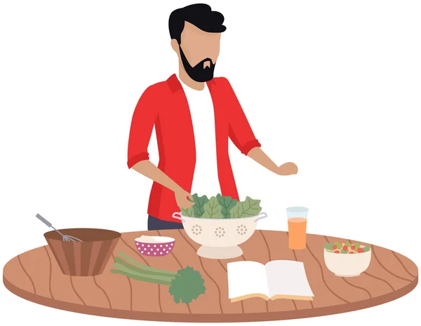 L'homme mélange des légumes frais pour la salade. Personnage masculin apprend à cuisiner végétarien de livre culinaire — Image vectorielle
