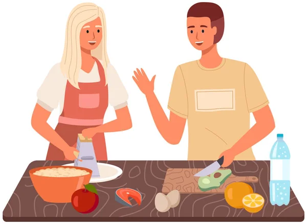 Kadın ve erkek mutfakta etsiz yemekler için malzemeleri karıştırıyor. Aile vejetaryen salatası yapar. — Stok Vektör