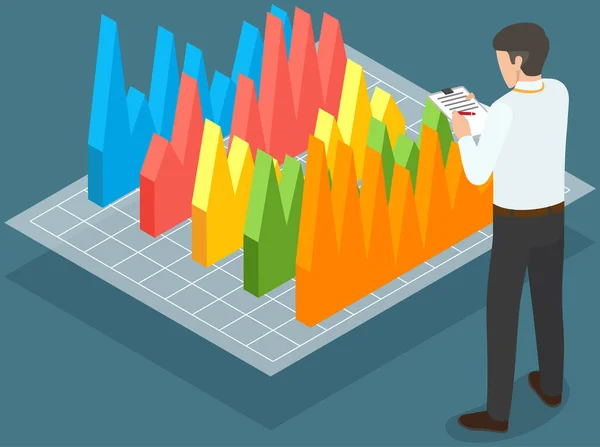 Les employés analysent les indicateurs statistiques, les données commerciales. Les personnages travaillent avec la recherche marketing — Image vectorielle