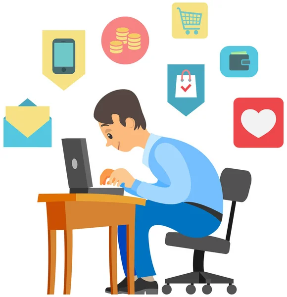 Hombre sentado en el lugar de trabajo y trabajando con la computadora rodeada de negocios e iconos de segmentación — Vector de stock