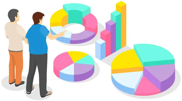 Les employés analysent les indicateurs statistiques, les données commerciales. Les personnages travaillent avec la recherche marketing — Image vectorielle