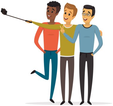 Monopod 'da telefonu olan adamlar ortak fotoğraf için poz veriyorlar. Arkadaşlar akıllı telefonla selfie çekiyorlar.