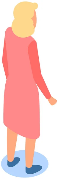 Blond zakenvrouw in roze jurk kijkt achter haar. Vrouwelijk karakter draait zich om en kijkt terug — Stockvector