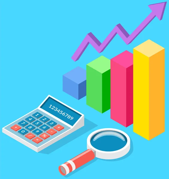 Analyze statistical indicators, business data. Work with marketing research. Data analysis isometric — Stock Vector