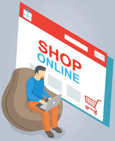 Concepto de compra y entrega en línea, hombre de negocios comprando productos y haciendo pedidos usando computadora portátil — Archivo Imágenes Vectoriales