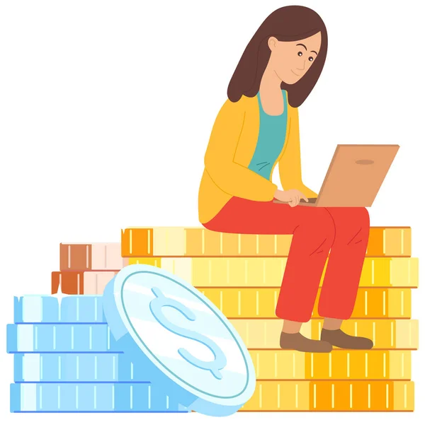 Donna d'affari seduta su mucchio di monete d'oro con computer portatile. L'impiegata lavora a distanza. — Vettoriale Stock