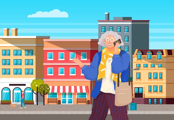 Donna anziana con smartphone sta chiamando. Personaggio femminile utilizzando il dispositivo mobile nel centro della città — Vettoriale Stock