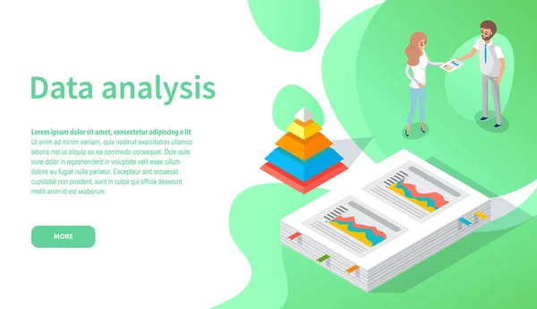 Employees analyze statistical indicators, business data. Characters work with marketing research — Stock Vector