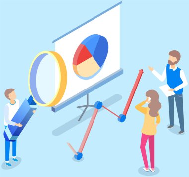 Çalışanlar istatistiksel göstergeleri, iş verilerini analiz ederler. Karakterler pazarlama araştırmalarıyla çalışır