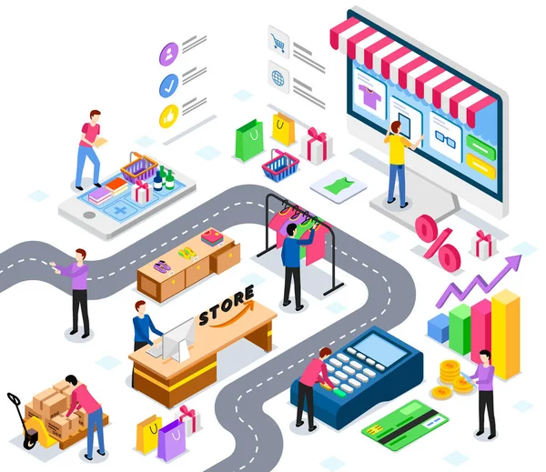 Mercado de comercio en línea. Compradores, entrega y sistema de seguimiento y pago. Comprar concepto mundial — Vector de stock