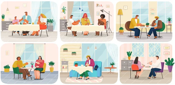 Personnes se reposant, communiquant et mangeant ensemble à la maison ou au restaurant, scènes de dîner en famille — Image vectorielle