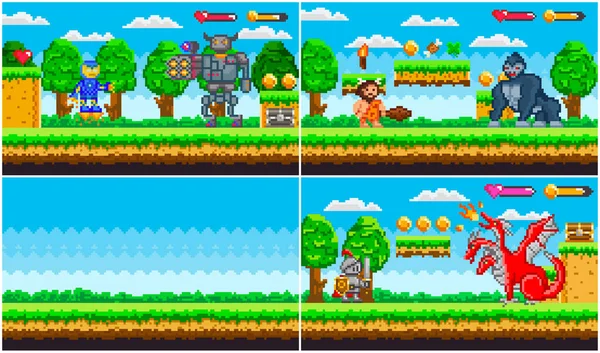 Serie di illustrazioni su tema di gioco di pixel, galleria su lotte. Robot, cavernicoli e animali combattono — Vettoriale Stock