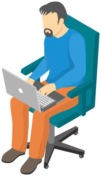 Man freelancer working or studying at laptop. Remote worker, student sits with computer and types — Stock Vector