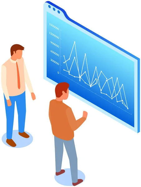 Employees analyze statistical indicators, business data. Characters work with marketing research — Stock Vector