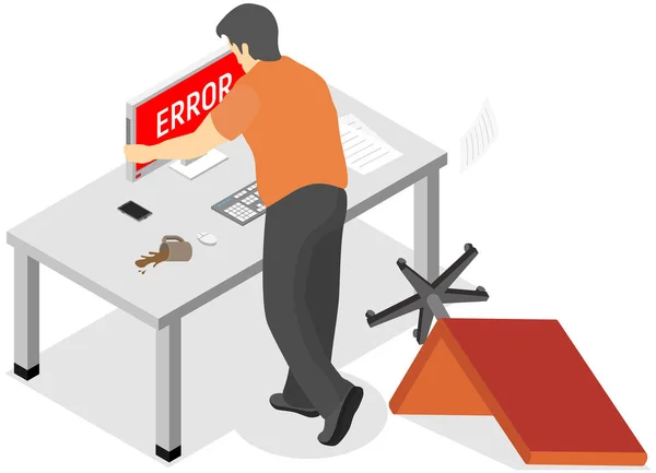 Lugar de trabajo con error de inscripción en el monitor de la computadora. Mal día de trabajo de un empleado u oficinista — Vector de stock