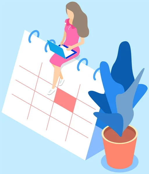 Γυναίκα κάθεται στο ημερολόγιο εργάζεται για το σχεδιασμό του προγράμματος. Γυναικείος χαρακτήρας κάνει χρονοδιάγραμμα γραφείου — Διανυσματικό Αρχείο