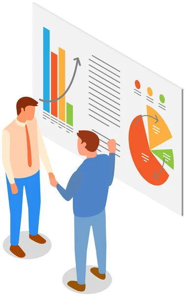Employees analyze statistical indicators, business data. Characters work with marketing research — Stock Vector
