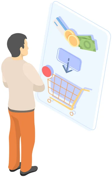 Çevrimiçi alışveriş ve dağıtım konsepti, işadamı satın alma ürünleri ve telefon kullanarak sipariş verme — Stok Vektör